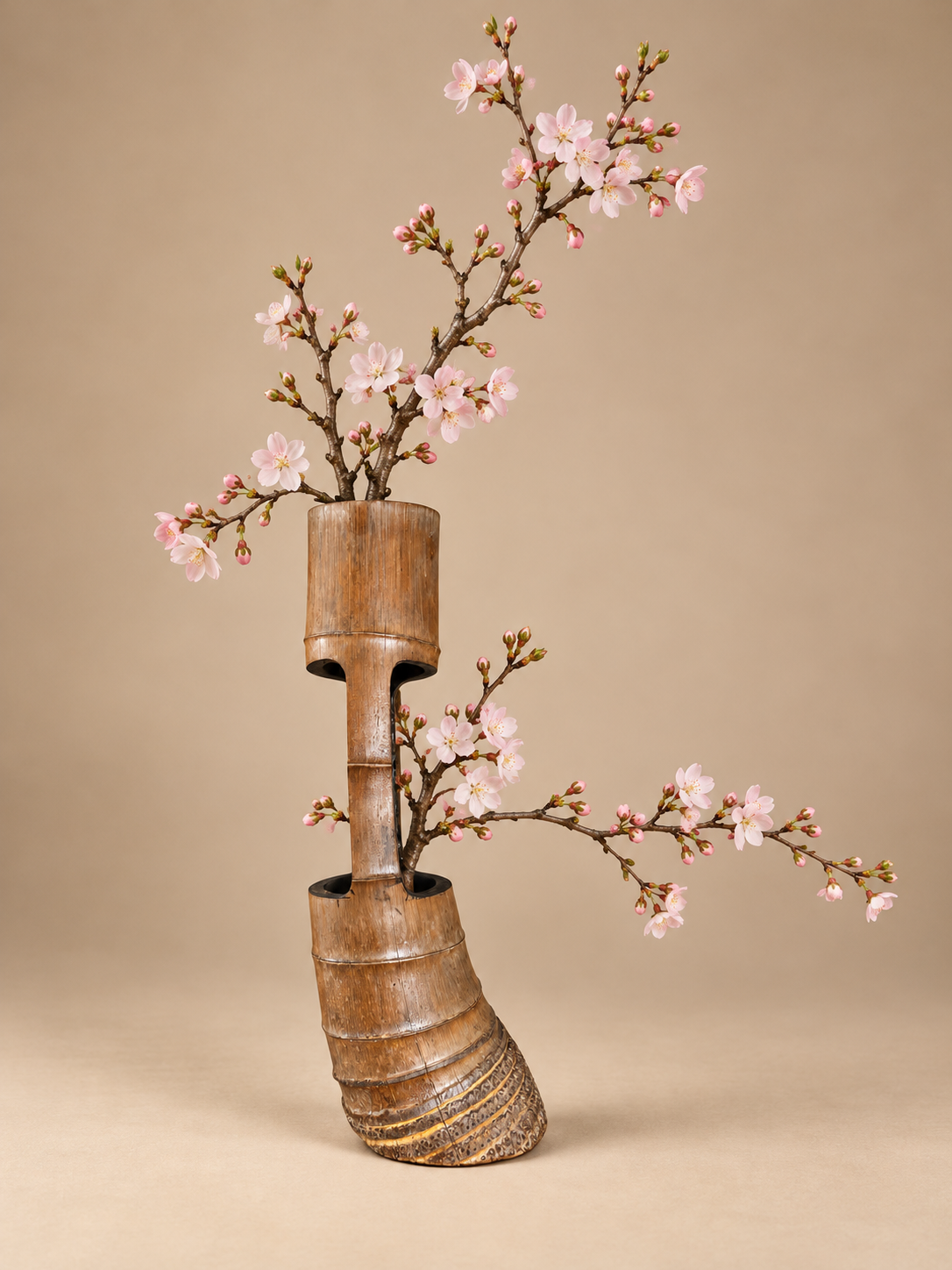 A sculptural wooden Ikebana bamboo vase with a split double-hoop design, holding pink cherry blossom branches, set against a solid beige background.