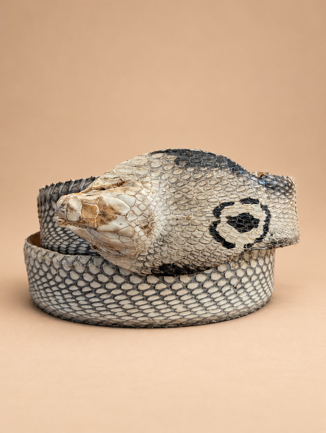 A coiled snake skin belt with a black and white pattern, featuring a prominent snake head detail on the side, set against a solid beige background.