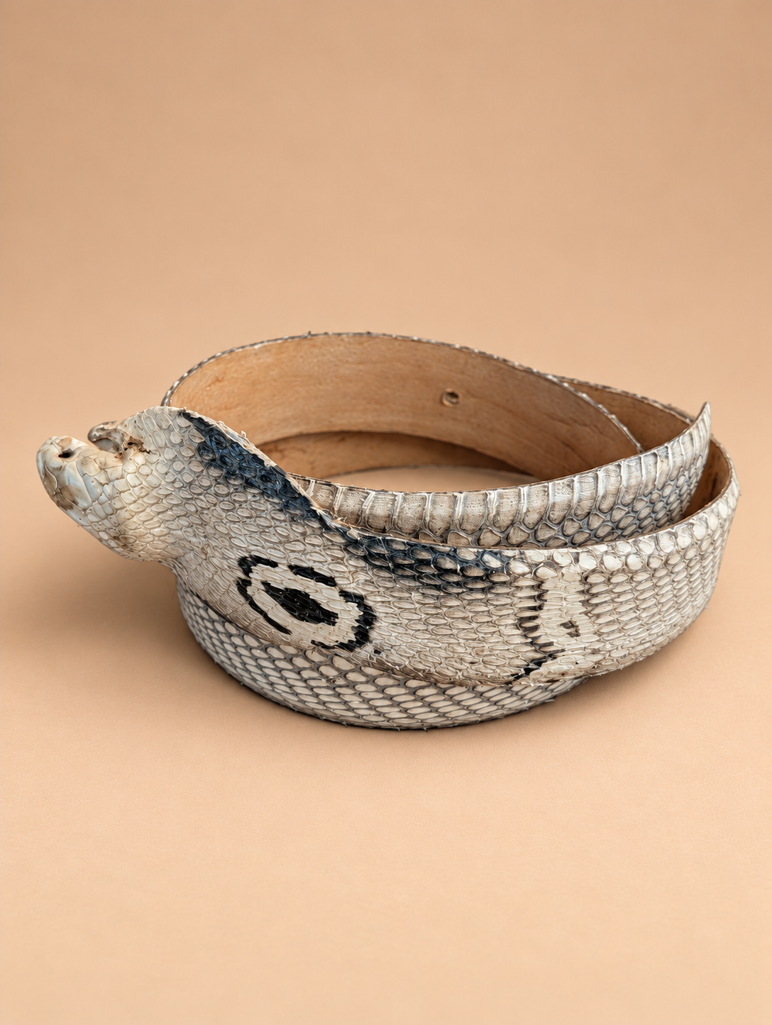 A coiled snake-print belt made from natural python skin, featuring a realistic head and scales in shades of gray, black, and beige, set against a solid tan background.