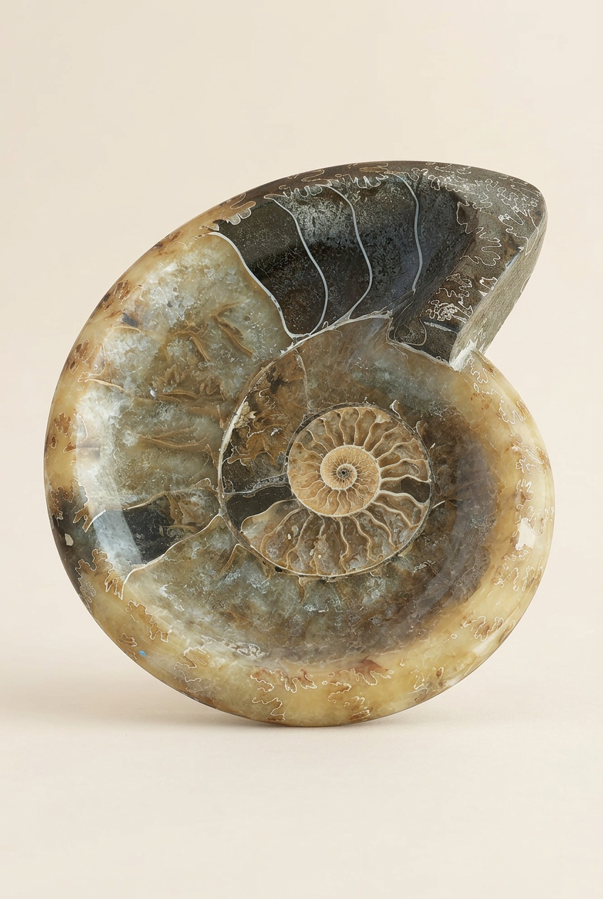 A polished natural ammonite fossil shell specimen displayed on a solid light beige background.